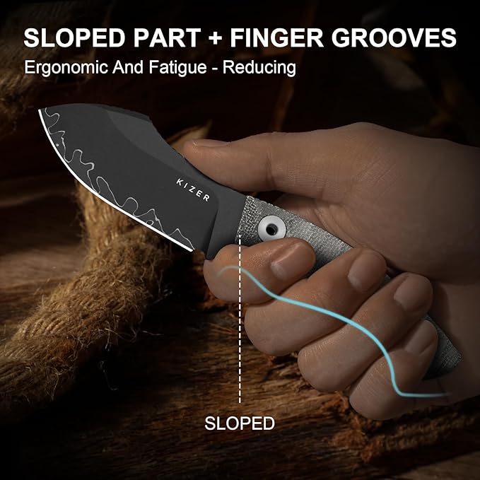 Kizer Rook Fixed Blade Knife 3.11 Nessmuk-Style 3-Layer Steel Hunting Knives with Gray Norplex UltreX™ Micarta Handle Bushcraft Knife with Sheath &amp TekLok for Camping Survival 1090A2