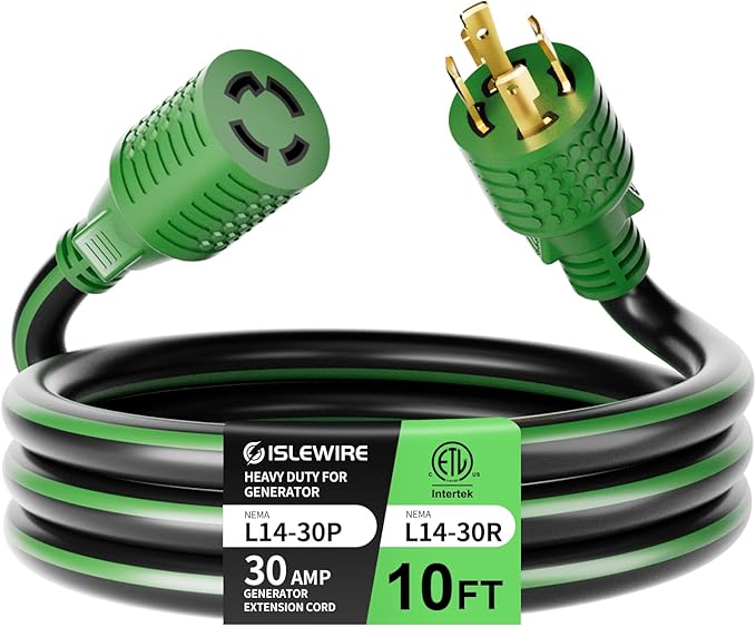 4 Prong 30 Amp Extension Generator Cord 10FT NEMA L14-30P/L14-30R 125/250 Volt Up to 7500 Watts 10 Gauge SJTW Twist Lock Power Cord for Manual Transfer Switch Black&ampGreen ETL Listed