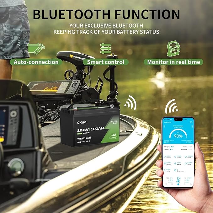 OKMO 12V 100Ah TM LiFePO4 Battery 150A BMS with Bluetooth 1280Wh 10 Years Lifetime 15000+ Deep Cyclesfor Marine RV Trolling Motor Boat Camper Low Temperature Protection