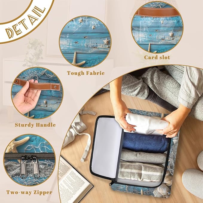 Beach Seashells Storage Bins with Zipper Lid Blue Wooden Fabric Lidded Storage Baskets Cubes with Handles Decorative Foldable Shelf Closet Organizer Container