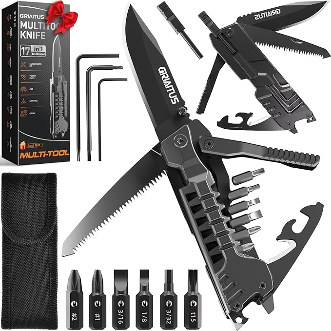 Multitool Knife 17 in 1Fire Starting Sticks Bottle Opener Saw Screwdrivers Bottle Opener Whistle Window Breaker and More -Perfect for Camping Outdoor Survival and Everyday UseGifts for Men Dad