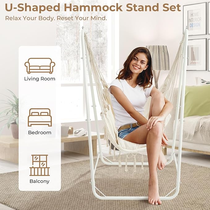 Hammock Chair with Stand Heavy-Duty Steel Hammock Stand for Indoor &amp Outdoor Use Solid Support &amp Stable Base 220 lbs Capacity U-Shaped Design Easy Assembly Hammock Chair Included - White