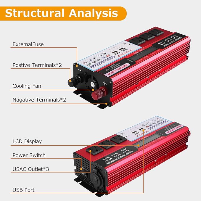 2000 watt Solar Power Inverter Solar Power Inverter 12V DC to 110V-120V AC Converter with 3 AC Outlets 2 USB Charging Port LCD Display for Off-Grid Solar Power System RV Truck Home