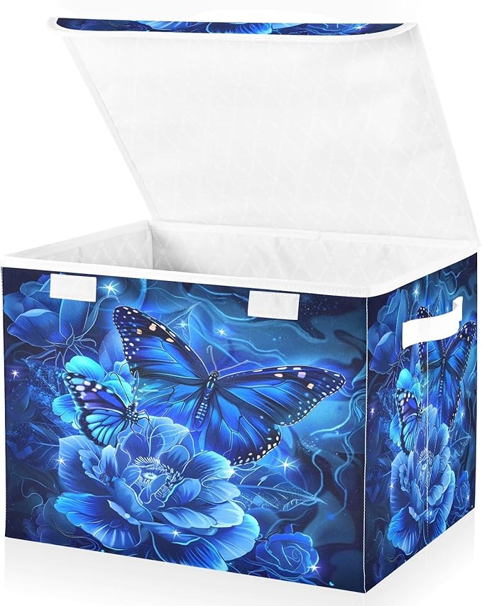 MNSRUU Containers Baskets with Lids Blue Rose Butterfly Fabric Foldable Storage Bins Organizer with Lid Collapsible Storage Boxes for Home Bedroom Closet Office