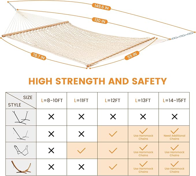 Lazy Daze Hammocks Double Rope Hammock 2 Person Traditional Outdoor Hand Woven Cotton Rope Hammock with Spreader Bar Carabiners Tree Straps Chains for Patio Yard - Max 450 Lbs Natural