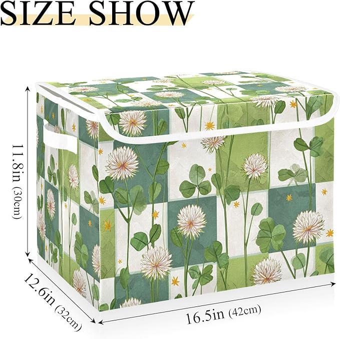 Green Floral Clovers Storage Box with Lid 1 PC Foldable Storage Bin with Lids Stackable Storage Bins Cube Closet Organizer Basket with Flip-Top Lid &amp Handles for Shoes Books Towels
