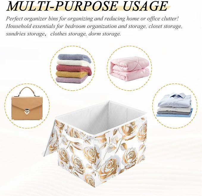 ALAZA Gold Rose Storage Bins Organizer Box Baskets Lidded Clothes for Shelves Closet Collapsible Stackable Storage Cubes Handles