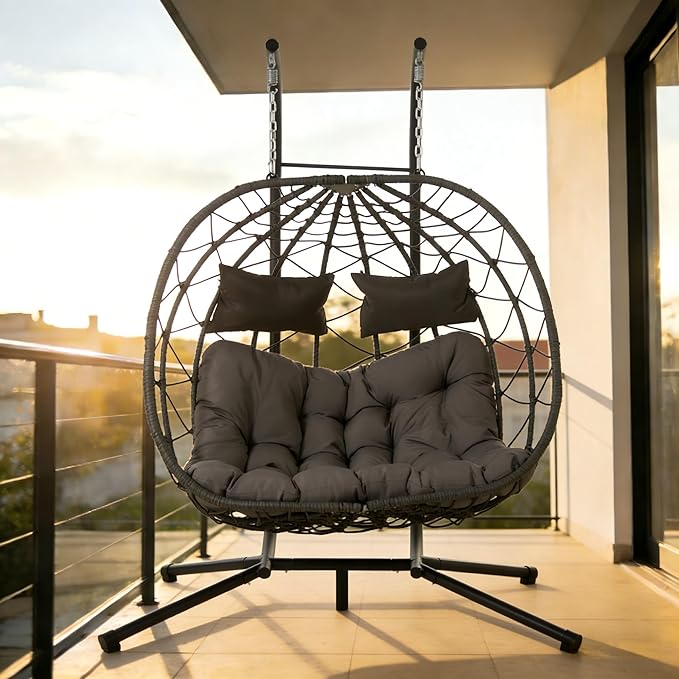 KEIKI Double Swing Egg Chair with Stand Patio Rattan Wicker Hammock Egg Chair with UV Cushion 2 Person Outdoor Indoor Hanging Basket Chair 660LBS Capacity for Balcony Dark Gray and Gray