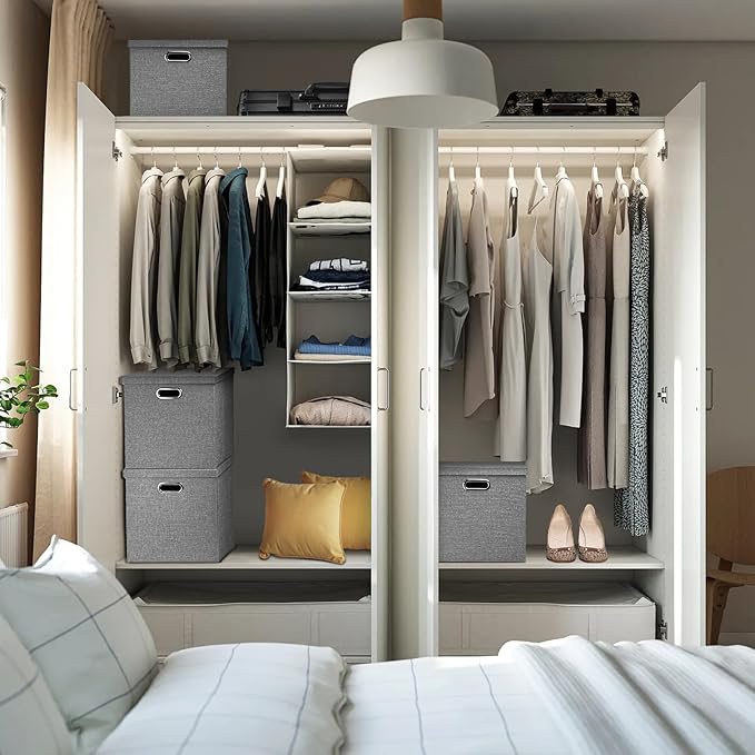 Linen Storage Bins with Lids13 x 13 Inch Foldable Fabric Cube Baskets Boxes Organizer for Closet Shelves and Home. (Gray (13x13) 4 pack)