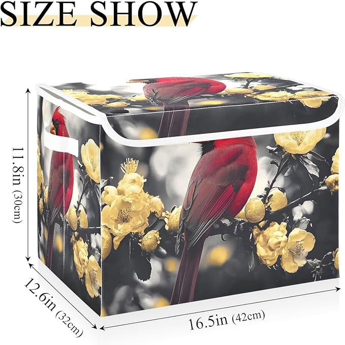 AIXIWAWA Lidded Storage Cube (Gold Flower Bird) Fabric Foldable Closet Bins with Flip Lid and Handles Organizer Basket Container 16.5 x 12.6 x 11.8 IN