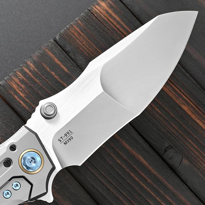 Sitivien ST991 Folding Knife M390 Pearlescent Polishing Steel Blade Titanium Handle with Ball Bearing for Men Women Outdoor Camping Hiking Survival (Silver)