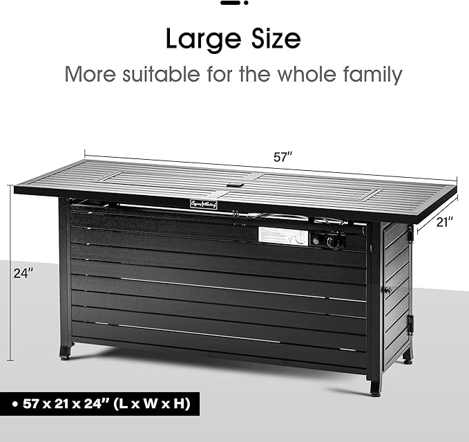LEGACY HEATING 57 inch Propane Fire Pit Table Outdoor Gas Fire Pit Table 50000BTU Fire Table with Lid Retangular Black Firepit Table for Garden Backyard Deck Poolside Party