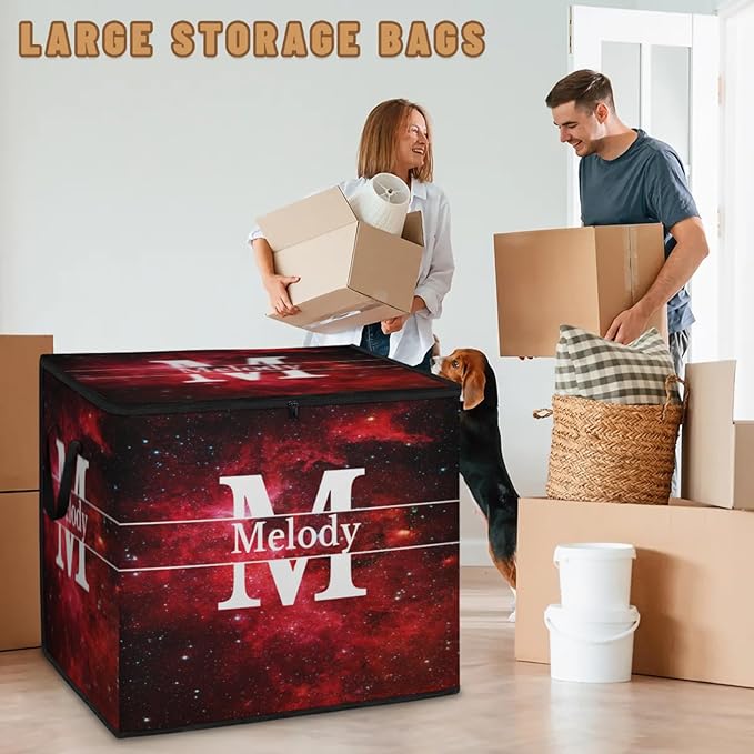 Personalized Name Foldable Storage Basket Cubes with Lid Laundy Hamper Dirty Clothes Pet Toys Storage Bin with Handles for Shelf Home Closet Kitchen Red Galaxy Universe with Initial Letter