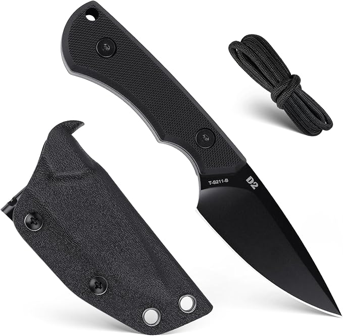 Tactical EDC Fixed Blade Knife with Sheath and clip 2.7 in Blade Small Fixed Knives for Outdoor Camping Survival Bushcraft Camp knife made of D2 steel and G10 Ergonomic handle (Black)
