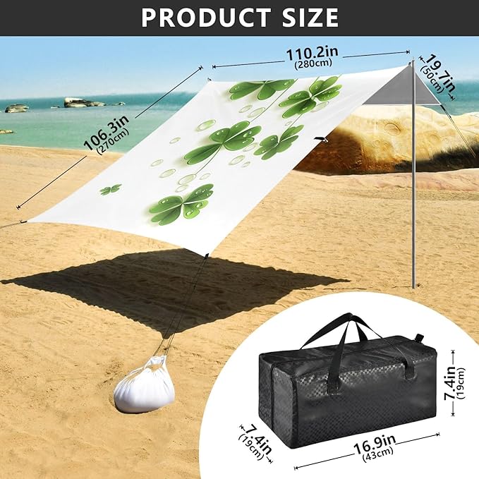 ALAZA St Patrick Day Shamrock Leaves and Glossy Drops Beach Tent Sun Shelter Portable Canopy Sunshade for Outdoor Camping Picnics Backyard Fun 10x9 ft