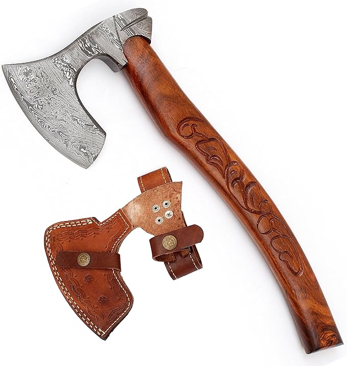 Armory Replicas™ Hand-Forged Damascus Steel Bearded Axe - 520 Layer True Damascus Blade 58-60 HRC | Sheesham Wood Handle with Floral Carvings
