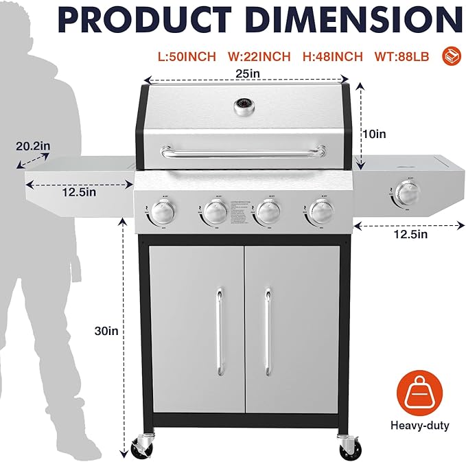 Llamaviva 4 Burner Gas Grill with Side Burner 60000 BTU Propane Flat Top Grill Stainless Steel Outdoor BBQ Grill Portable with Wheels for Patio Camping