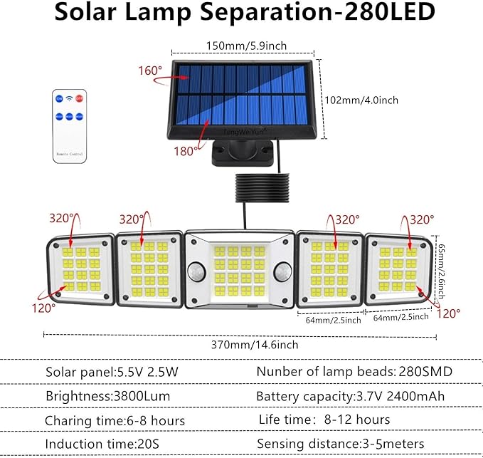 Solar Outdoor Lights - 7600Lum 240° Dual Motion Sensor 560 LED Separate Panel16.5Ft CableDusk to Dawn Lighting Mode Security Solar Powered Flood Light for Porch Yard Shed Wall