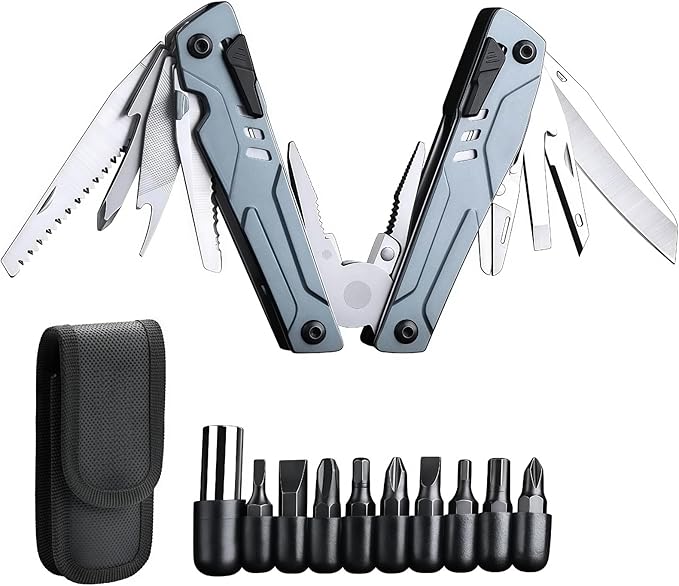 Multitools 20-in-1 Full-Size Lightweight EDC Multi-Purpose Pliers Folding Knife Nylon Bag Portable Tools Men Gift Ideas Equipment for Emergencies Hiking and Outdoor Camping (Blue)