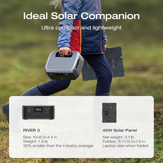 EF ECOFLOW Solar Generator RIVER 3 with 45W Solar Panel 245Wh Portable Power Station LiFePO4 Battery 300W Up to 600W AC Output &lt20 MS UPS 1Hr Fast Charging Power Station for Outdoor/Camping/RVs