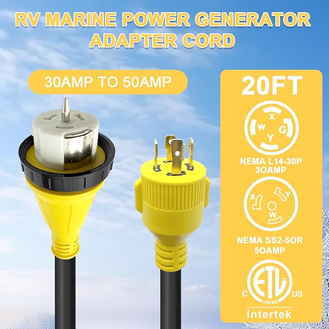 20ft NEMA L14-30P to SS2-50R RV Marine Power Generator Adapter Cord 30Amp Twist Lock Generator L14-30P Male to 50Amp Marine Shore Power SS2-50R Female with Locking Ring ETL Listed