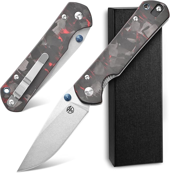 FF23 Folding Knife AUS-10 Steel Blade Carbon Fiber Handle with Pocket Clip for Men Women Outdoor Camping Fishing Working Survival(Red)