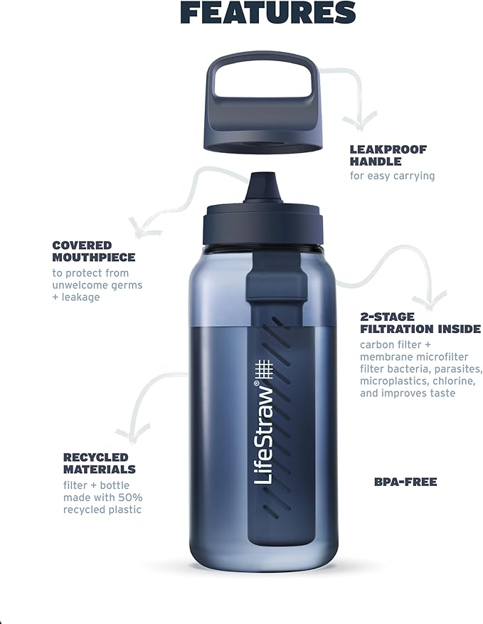 LifeStraw Go Series – BPA-Free Water Filter Bottle for Travel and Everyday Use Removes Bacteria Parasites and Microplastics Improves Taste 1L Aegean Sea
