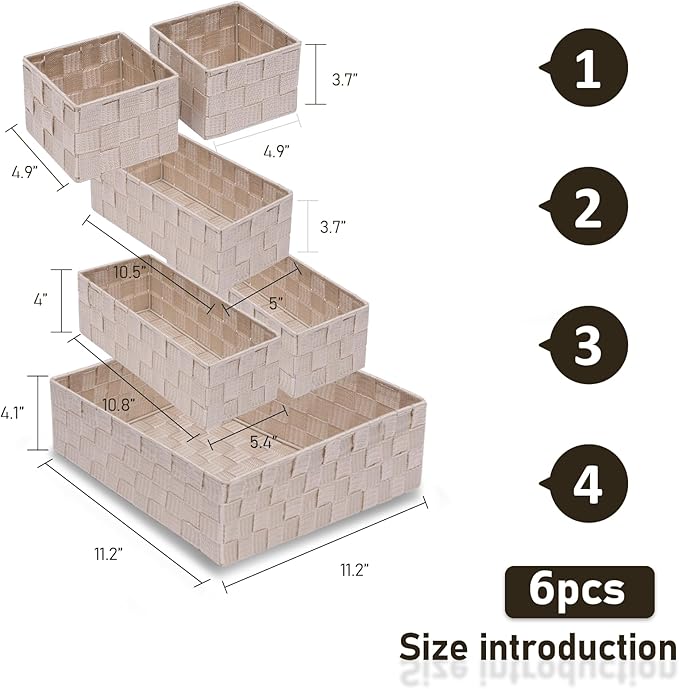 Storage Bins Woven Organizer Set of 6 – Polypropylene Storage Baskets with Metal Frame Stackable Fabric Boxes for Drawers Closet Shelf Nursery and Office Beige