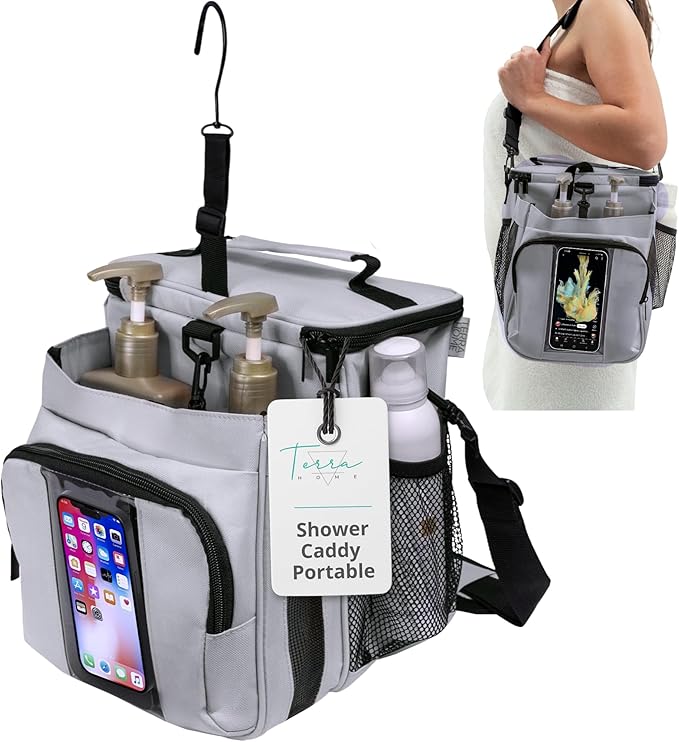 TERRA HOME Portable Shower Caddy Bag- Large Capacity Quick Dry with Metal Hook - Hanging Shower Bag - Breathable Mesh Toiletry Shower Tote for Gym and College Dorm (Grey Extra Large)