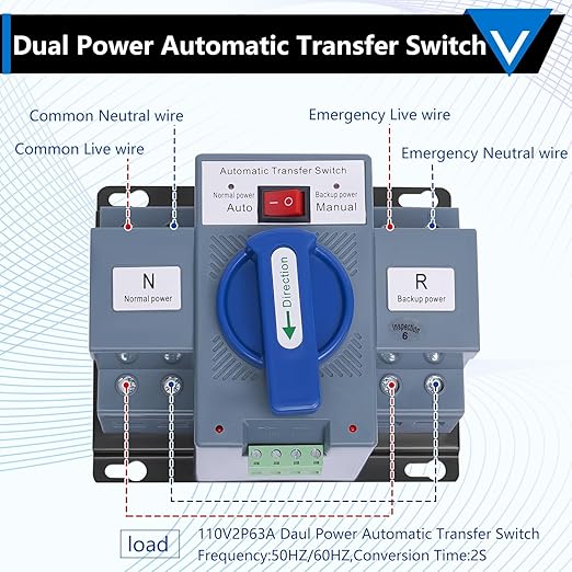 110V Generator Transfer Switch Dual Power Automatic Generlink Transfer Switch ATS Changeover Switch 50HZ/60HZ(2P 63A)