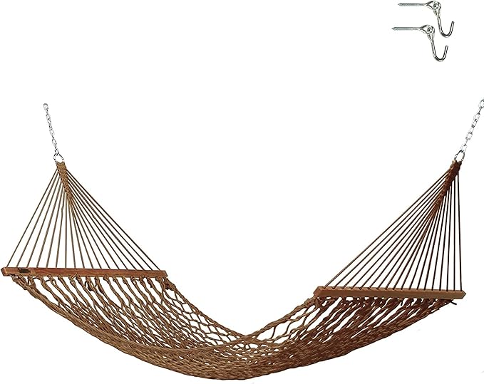 Hatteras Hammocks Small Amtique Brown DuraCord Rope Hammock – 11 ft. x 45 in. 450 lb Capacity Cumaru Spreader Bar Zinc-Plated Hardware Handcrafted in The USA