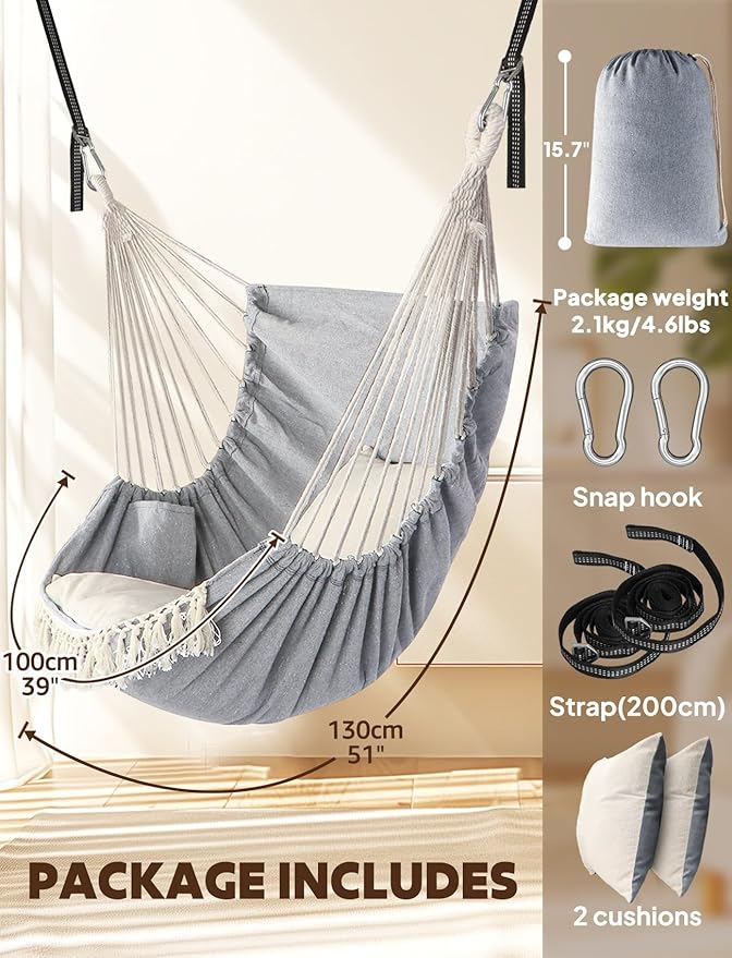 Chihee Hammock Chair Hanging Swing 2 Pillows IncludedStrong Webbing Straps and Hooks for Easy Hanging Soft Cotton Hanging Chair Side Pocket Tassel Chair Comfort Indoor Outdoor Light Grey