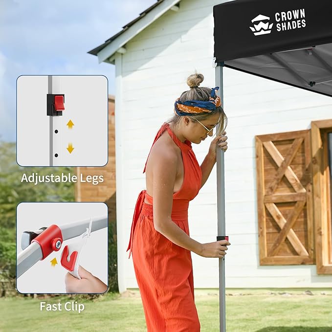 CROWN SHADES 10x10 Pop Up Canopy with 1 Side Wall - Beach Tent with One Push Setup - Outdoor Sun Shade for Events Parties Camping - Gazebo with STO-N-Go Cover Bag (Black)