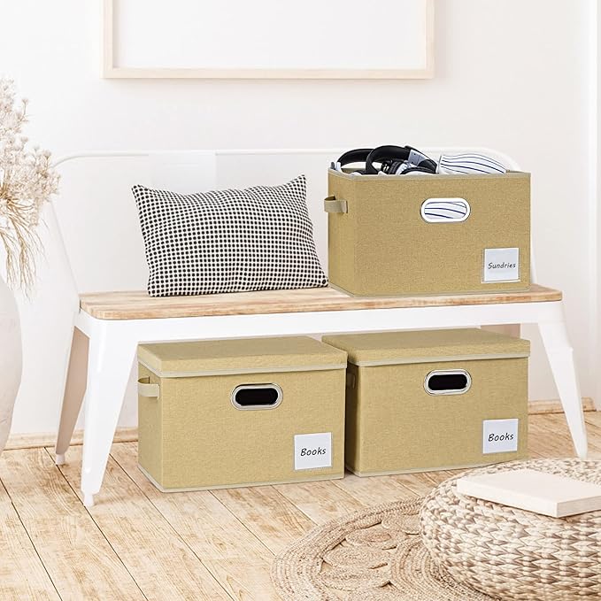 LHZK Extra Large Storage Bins with Lids [3-Pack] Linen Fabric Foldable Storage Boxes for Closet Organization 15.75x11.8x10.2 Stackable Storage Containers Storage Baskets for Organizing (Beige)