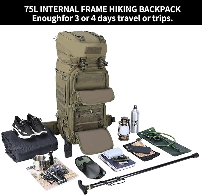 Zsearaymy 75L Hiking MOLLE Backpack with Internal Frame &amp Rain Cover for Tactical Camping Backpacking Survival Travel (OD.Green)
