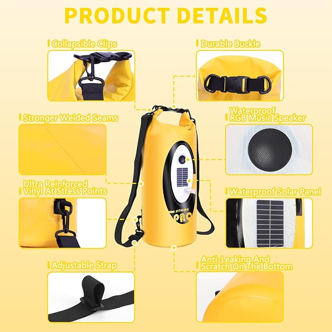 FELICON Solar/Battery Powered Multi-Functional Backpack with Bluetooth SpeakerIP66 Waterproof Dry BagHeavy Duty Roll Top ClosureLarge Capacity Bag for CampingHikingTraveling (Yellow 10L)
