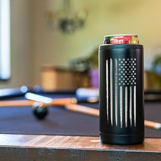 American Flag Skinny Can Cooler for Slim Beer &amp Hard Seltzer Cans | 12oz Stainless Steel Insulated Tall Can Cooler – Gifts for Veterans