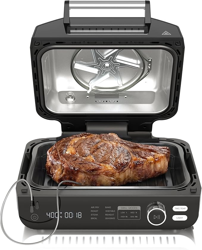 OLIXIS Electric Grill Outdoor/Indoor 8-in-1 Multifunctional Large Electric BBQ Grill for Air Fry Bake Roast Steak Broil and Dehydrate Safe Non-Stick Coating Fry Basket Included