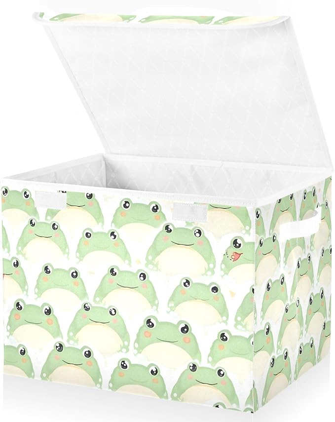 Frogs Storage Cube Bins Basket with Lid Collapsible Flip-top Fabric with Handle for Home Bedroom Closet Office 16.5×12.6×11.8 in
