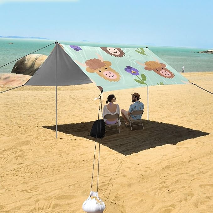 ALAZA Cartoon Highland Cattle Flowers Pattern Beach Tent Sun Shelter Portable Canopy Sunshade for Outdoor Camping Picnics Backyard Fun 10x9 ft