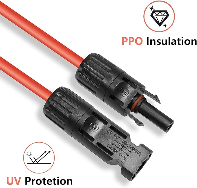 10FT Black + Red 10AWG(6mm²) Solar Panel Extension Cable Wire Solar Adaptor Cable with Female and Male Connector - Set of 2