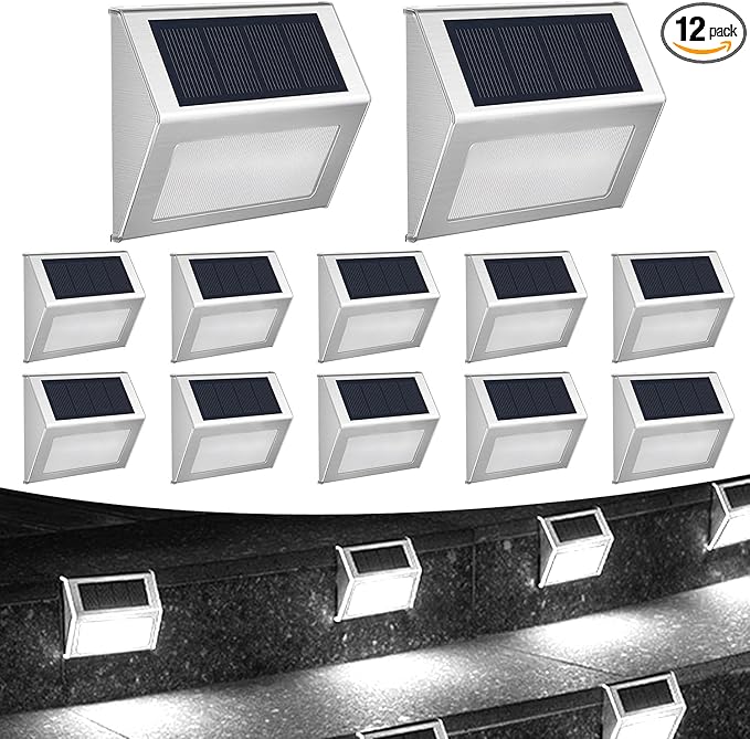 12 Pack Solar Step Lights for Outside Solar Stair Lights Waterproof IP 65 Led Outdoor Deck LightsCool White Lights