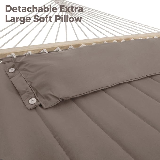 SUNCREAT 55 Inch Extra Large Double Hammock with 12 ft Stand 475lbs Capacity Outdoor Portable Hammock with Hardwood Spreader Bar Extra Large Pillow Brown