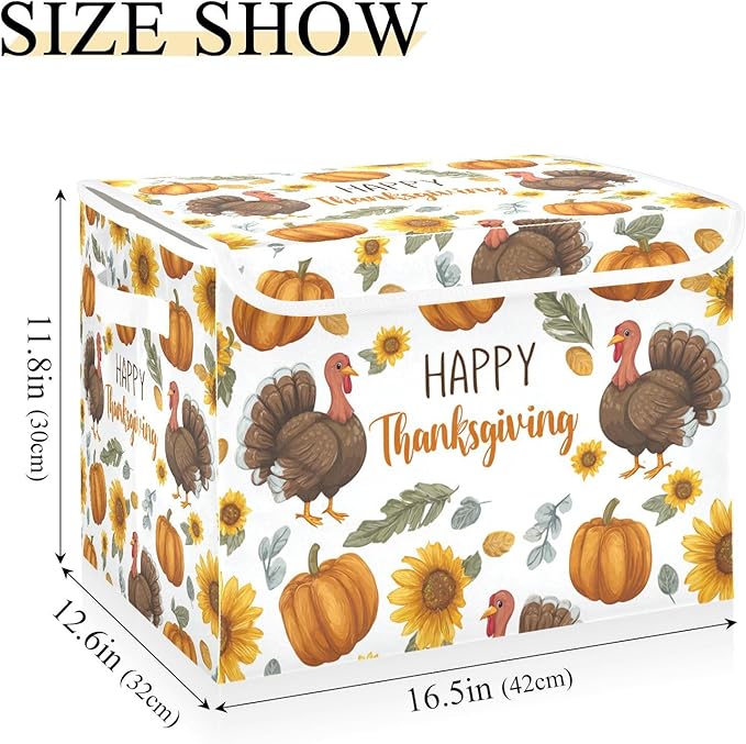 Storage Bins with Lids Storage Containers Box Organizer Bin Basket with Handles for Closet Shelves Clothes Stackable Foldable Decorative Thanksgiving Turkeys Sunflowers White
