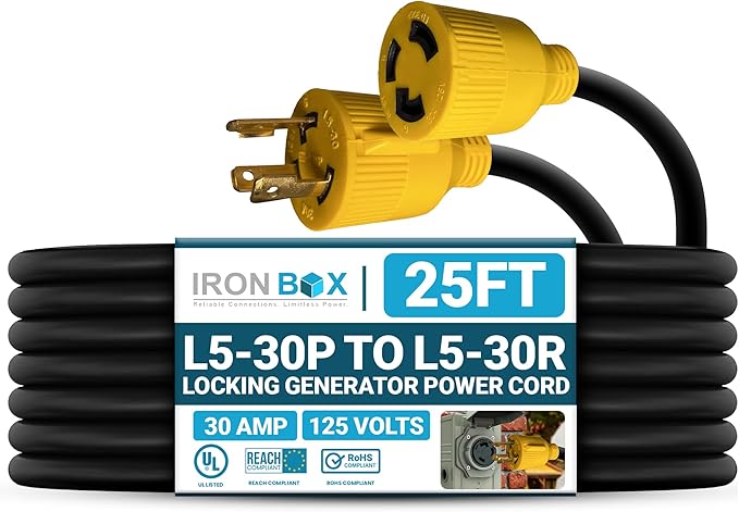 IronBox Electric L5-30P to L5-30R Locking Power Cord - 30A 125V 10 AWG 3 Conductor - Electrical Adapter Plug - Heavy Duty Plug and Connector Extension Cable for RV Generators Camper &amp More (2