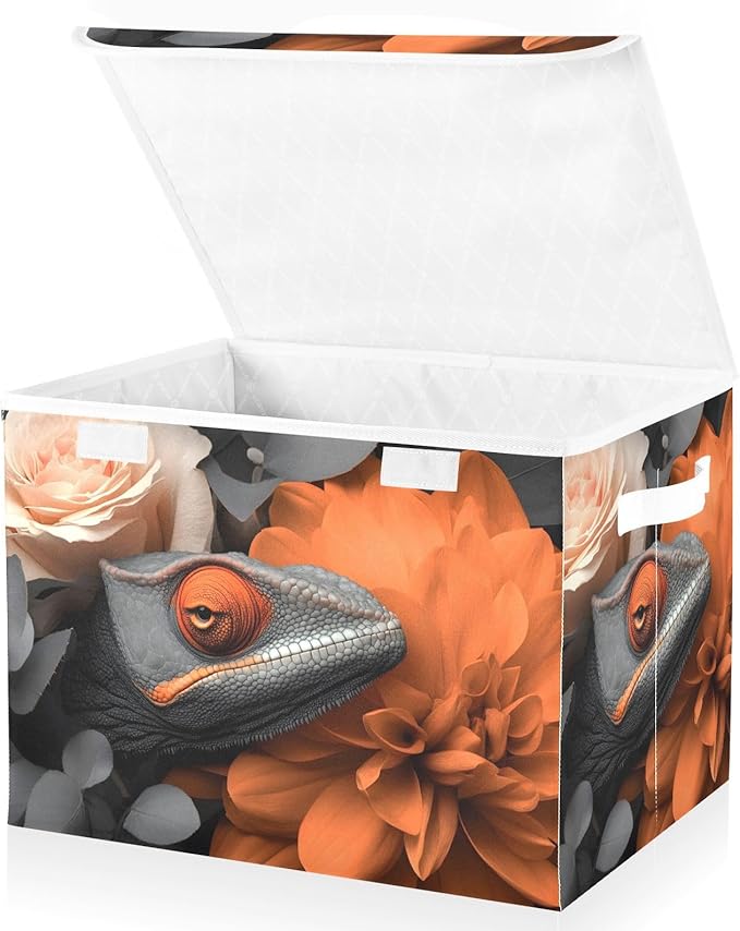 AIXIWAWA Lidded Storage Cube (Chameleon Floral) Fabric Foldable Closet Bins with Flip Lid and Handles Organizer Basket Container 16.5 x 12.6 x 11.8 IN