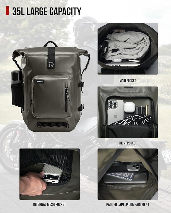 RIDEIRON Waterproof Backpack Motorcycle Dry Bag with Roll Top Closure for Kayaking Travel Surfing Boating Fishing Camping (Olive 35L)