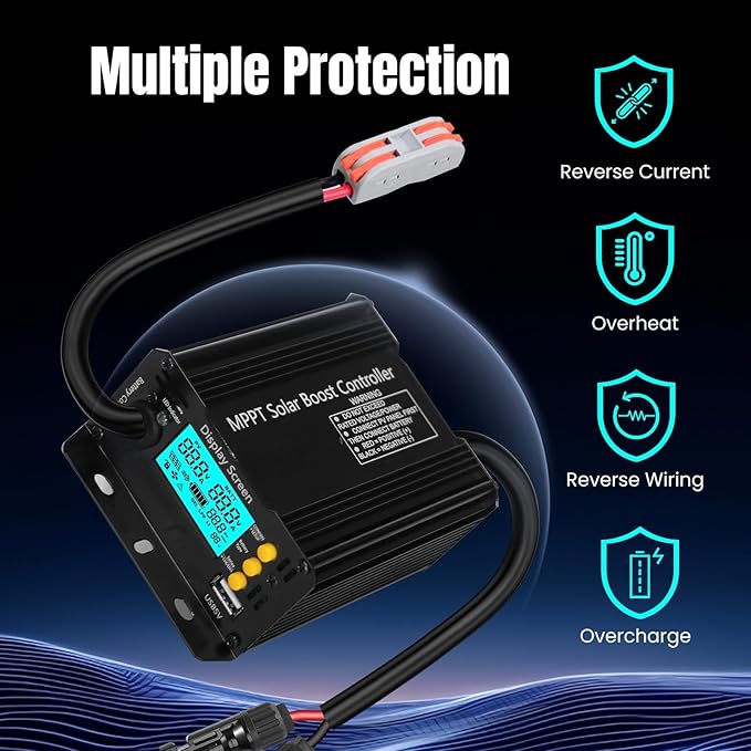 900W SmartSolar MPPT Boost 24V/36V/48V/60V/72V MPPT Solar Charge Controller LCD Display Solar Panel Regulator for Sealed Flooded AGM Gel LFP User Batteries Ideal for Golf Carts Electric Vehicles RVs