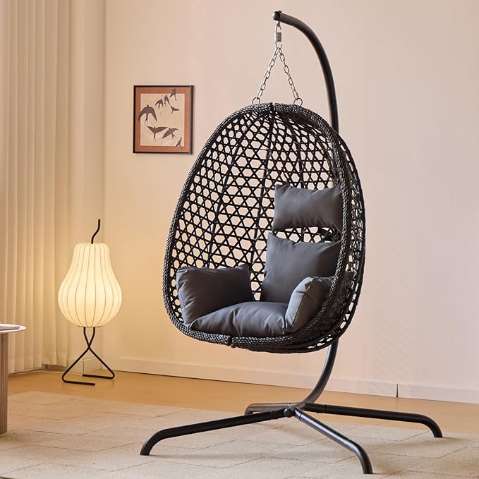 Indoor Hanging Chair with Stand for Bedroom Hexagon Rattan Wicker Swing Egg Chair for Bedroom Porch Garden Patio Outdoor Hammock Egg Swing Chair with Cushion350LBS Capacity(Dark Grey)