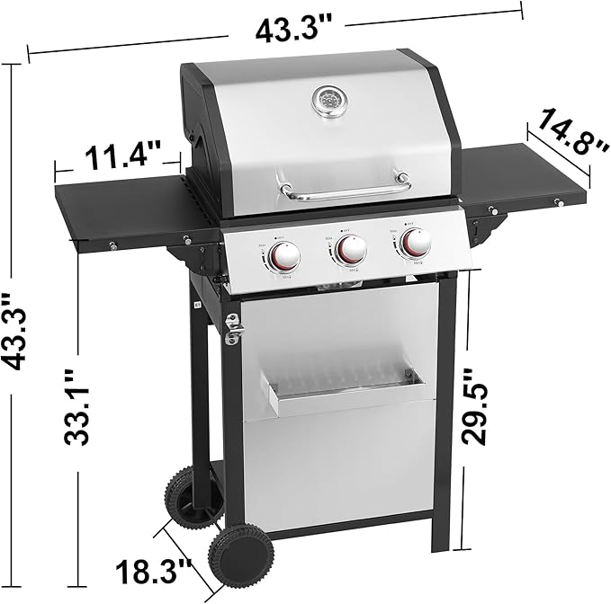 3-Burner Propane Gas Grill with Stainless Steel Cabinet - Outdoor BBQ Grill Side Table Knob Controls Cast Iron Grates &amp Thermometer